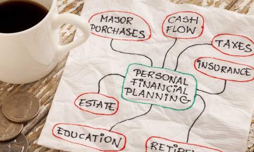 coffee by napkin with financial planning terms and coins