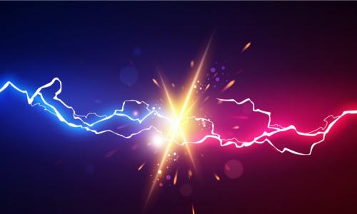 competing different colored streaks of lightning collide and spark