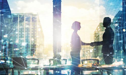 businessman and businesswoman shaking hands in meeting room overlooking cityscape overlayed with digital network points