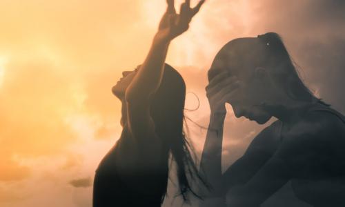 overlapping images of a young woman feeling sad and stressed sitting with head in hand and same young woman standing with arms raised in victory and happiness