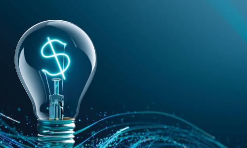 lightbulb with a dollar sign-shaped filament floating above blue digital swirls