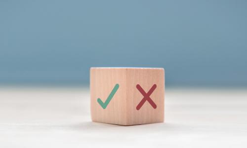 a block with a green checkmark and a red X signifying evaluation