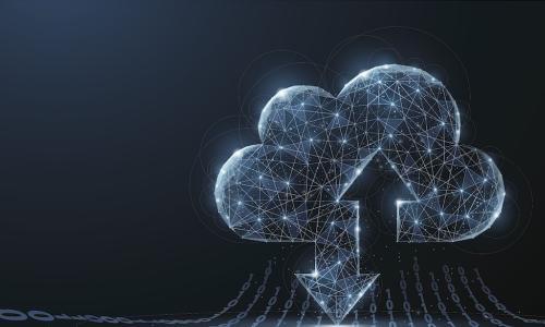 digital image of a cloud with up and down arrows raining data in streams of 0s and 1s