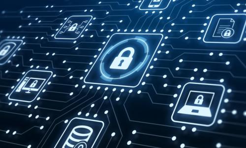digital cybersecurity icons connected by circuits