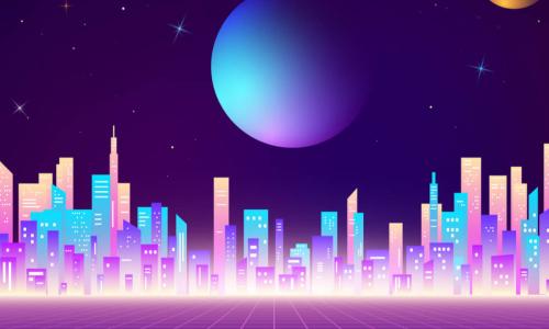 virtual neon rendering of a virtual city and moon
