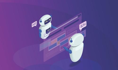 digital illustration of two cute AI chatbots interacting with software and saying H