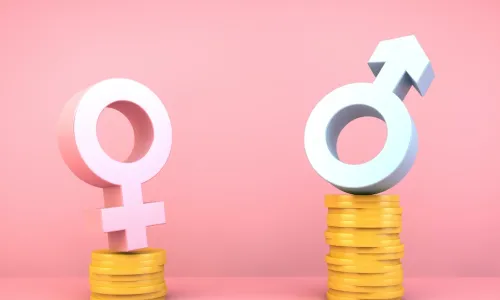 female symbol atop a shorter pile of coins looks up at a male symbol on top of a tall pile of coins