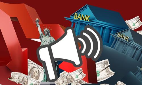 marketing PR megaphone icon over collage image of collapsing banks and crumpled dollars with down arrows and the Statue of Liberty