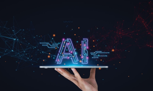 hand holds out tablet device displaying a digital image of AI