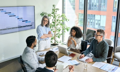 group of diverse business people at a table with large screen behind a presenter