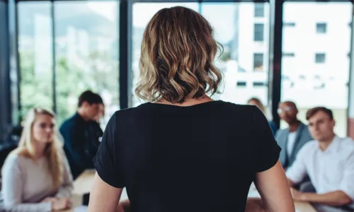 Rear view of a businesswoman addressing a meeting in office