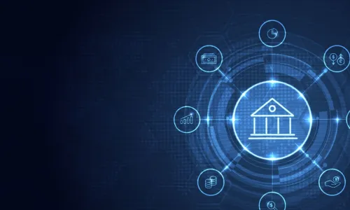 Financial and Banking technology with integrated circles and glowing line icons on blue background