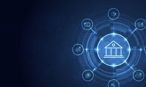 Financial and Banking technology with integrated circles and glowing line icons on blue background