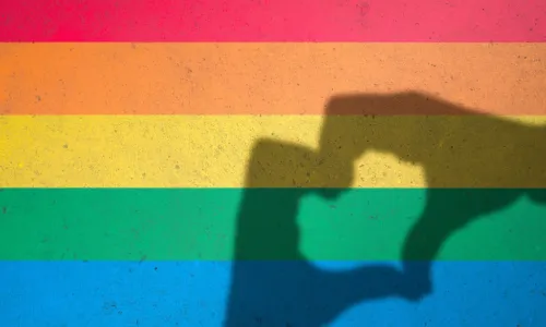 Hands making love heart shadow symbol of tolerance on gay pride rainbow colors painted on a textured concrete wall