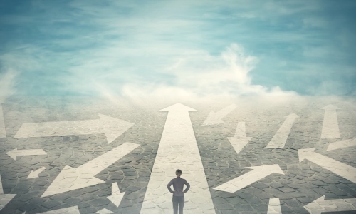 business woman looking at many arrows of possible career paths