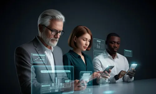 3 individuals sitting at a table working on their mobile devices