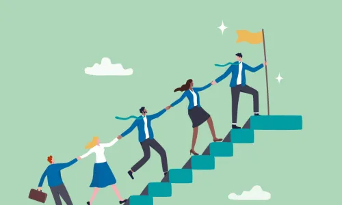 illustration of people climbing stairs holding on to each other - helping each other to the top