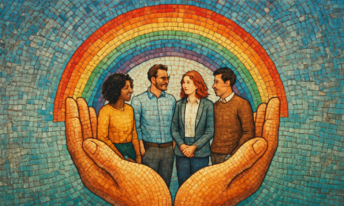 mosiac of people sitting in open hands under a rainbox