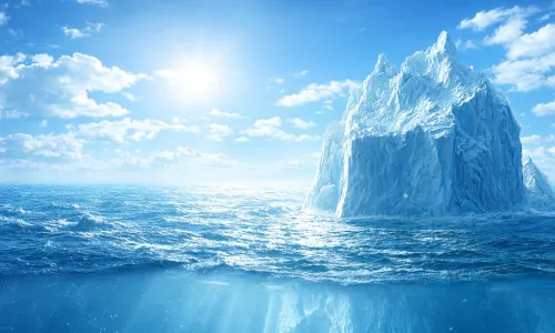 iceberg standing up out of the water with bright blue skies 