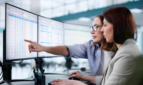 2 women looking at computer monitors filled with spreadsheets
