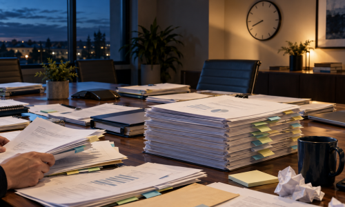 conference table with piles of documents being looked at late into the night